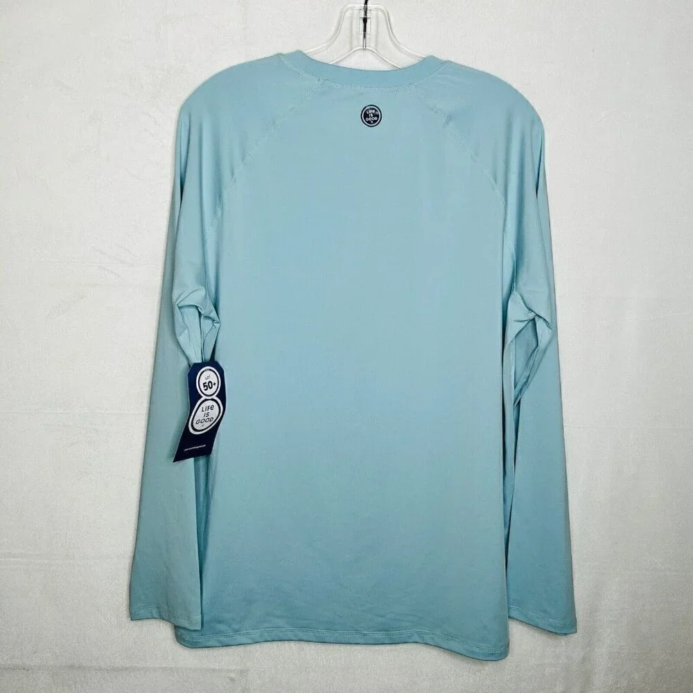 Life Is Good Men's Sz M Crewneck T-Shirt Long Sleeve Blue UPF 50 Stretch NWT NEW